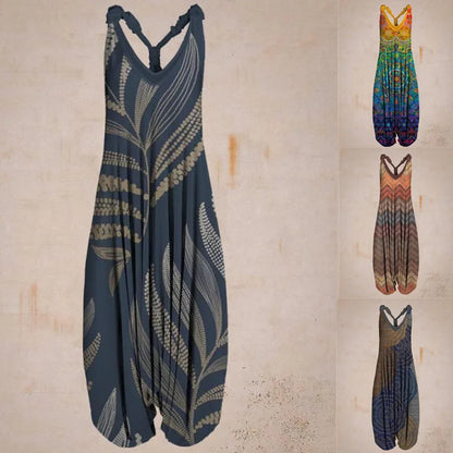 Tuta estiva da donna in cotone, design boho con stampa floreale, disponibile in vari colori. Abbigliamento casual, moda femminile estiva.