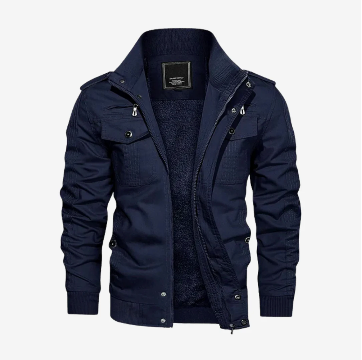 Giacca uomo blu scuro, stile casual, con cerniera frontale, tasche multiple e colletto alto. Ideale per moda autunnale e invernale.