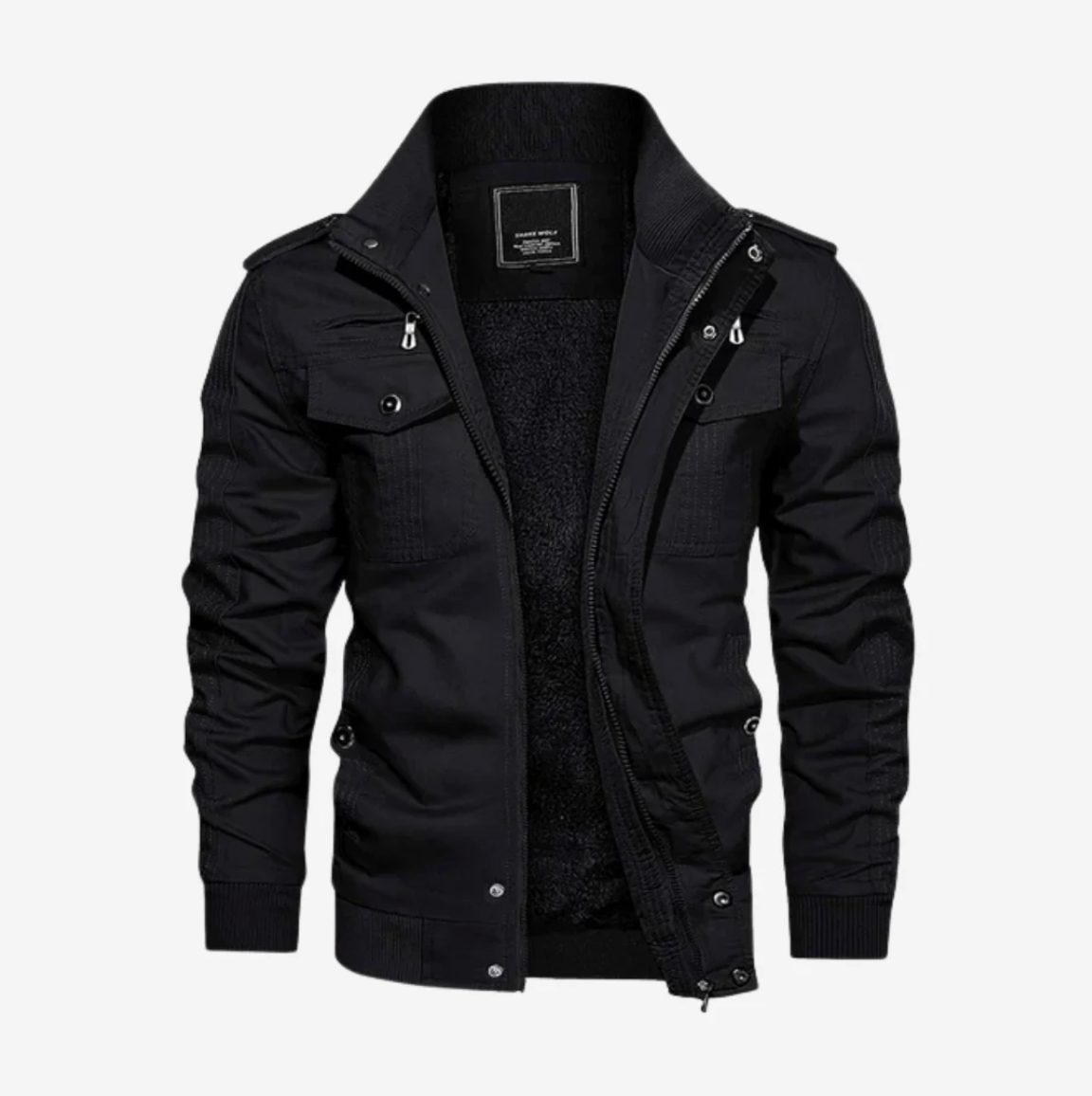 Giacca nera da uomo invernale, stile casual, con cerniera e bottoni, tasche multiple, colletto alto, ideale per moda autunno-inverno.