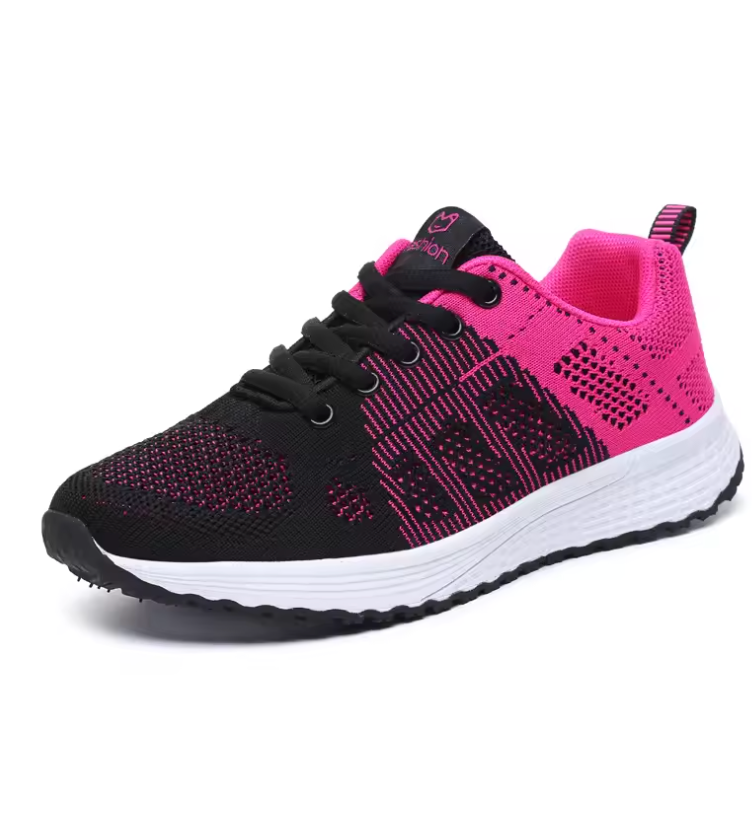Scarpa da ginnastica donna, nera e rosa, con suola bianca antiscivolo. Design traspirante, ideale per corsa e sport. Comfort e stile moderno.