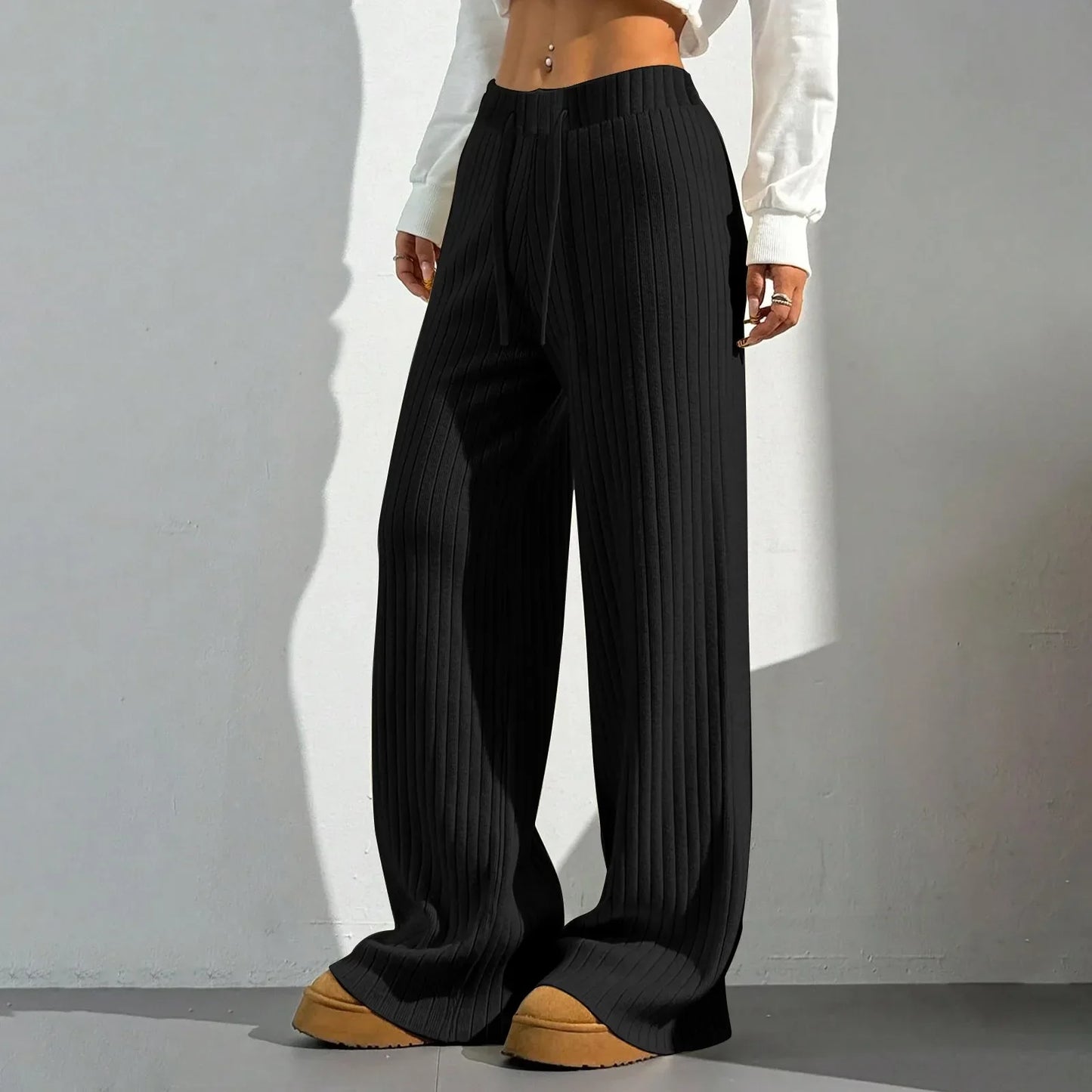 Pantaloni a Coste da Donna con Gamba Larga e Vita Elasticizzata