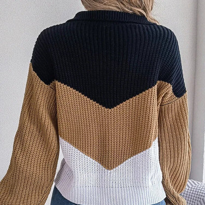 Maglione a righe color block nero, marrone e bianco, lavorato a maglia, indossato da una persona di spalle. Moda autunnale, stile casual.