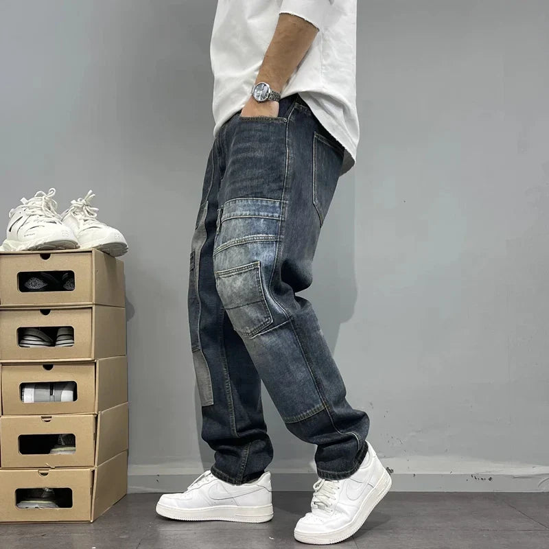 Jeans Patchwork da Uomo con Tasche Cargo e Vestibilità Tapered