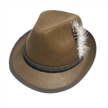 Cappello tirolese marrone con piuma bianca, decorato con cordoncino intrecciato nero. Accessorio tradizionale alpino, moda vintage.