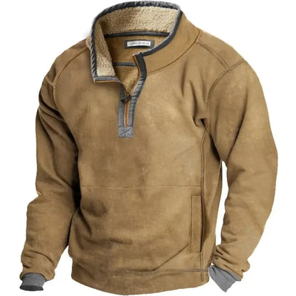 Maglione invernale marrone con colletto alto e fodera in pile, design casual, ideale per abbigliamento maschile caldo e confortevole.