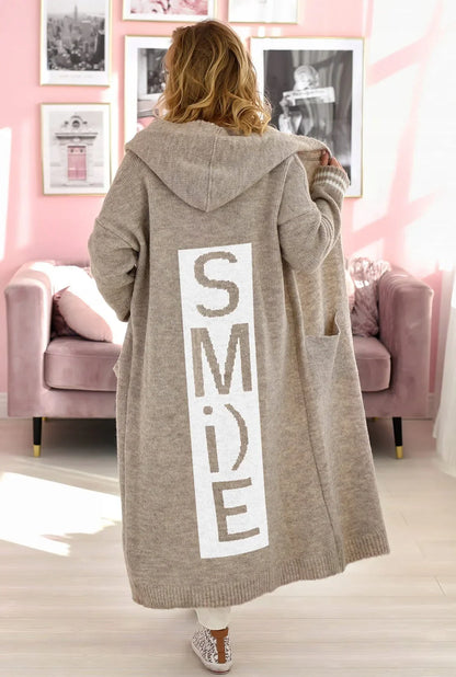 Cardigan Lungo in Maglia con Cappuccio per Donna, Vestibilità Ampia, Tasche e Finitura Maxi
