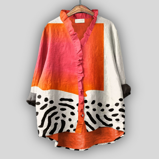 Blusa da Donna con Stampa Astratta, Volant sul Davanti e Orlo Asimmetrico