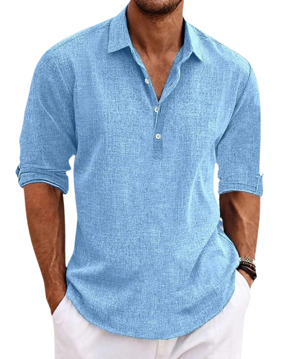 Camicia uomo in lino azzurro, maniche lunghe arrotolate, stile casual elegante. Ideale per moda estiva, abbigliamento leggero e traspirante.