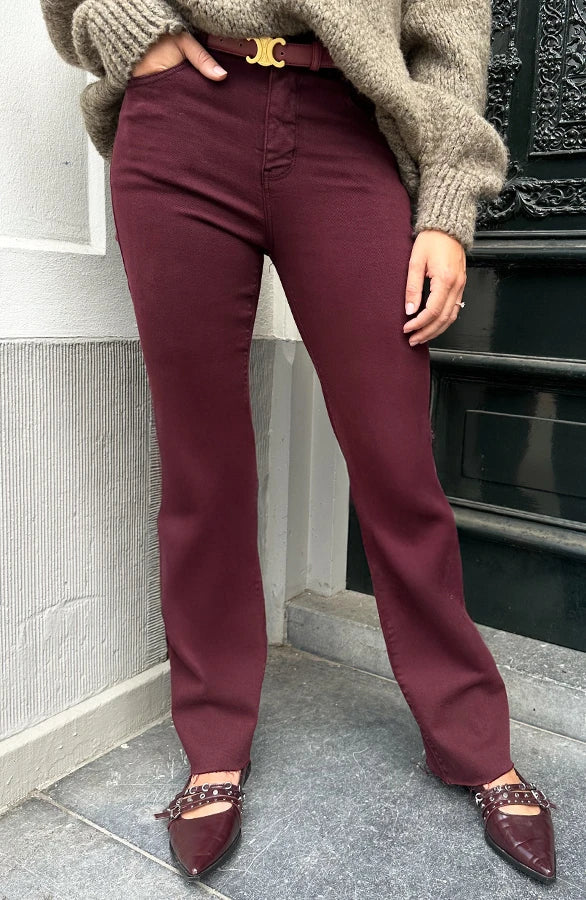 Donna con pantaloni bordeaux e maglione beige, scarpe a punta marroni con catena, posa su gradino. Moda autunnale, stile casual chic.