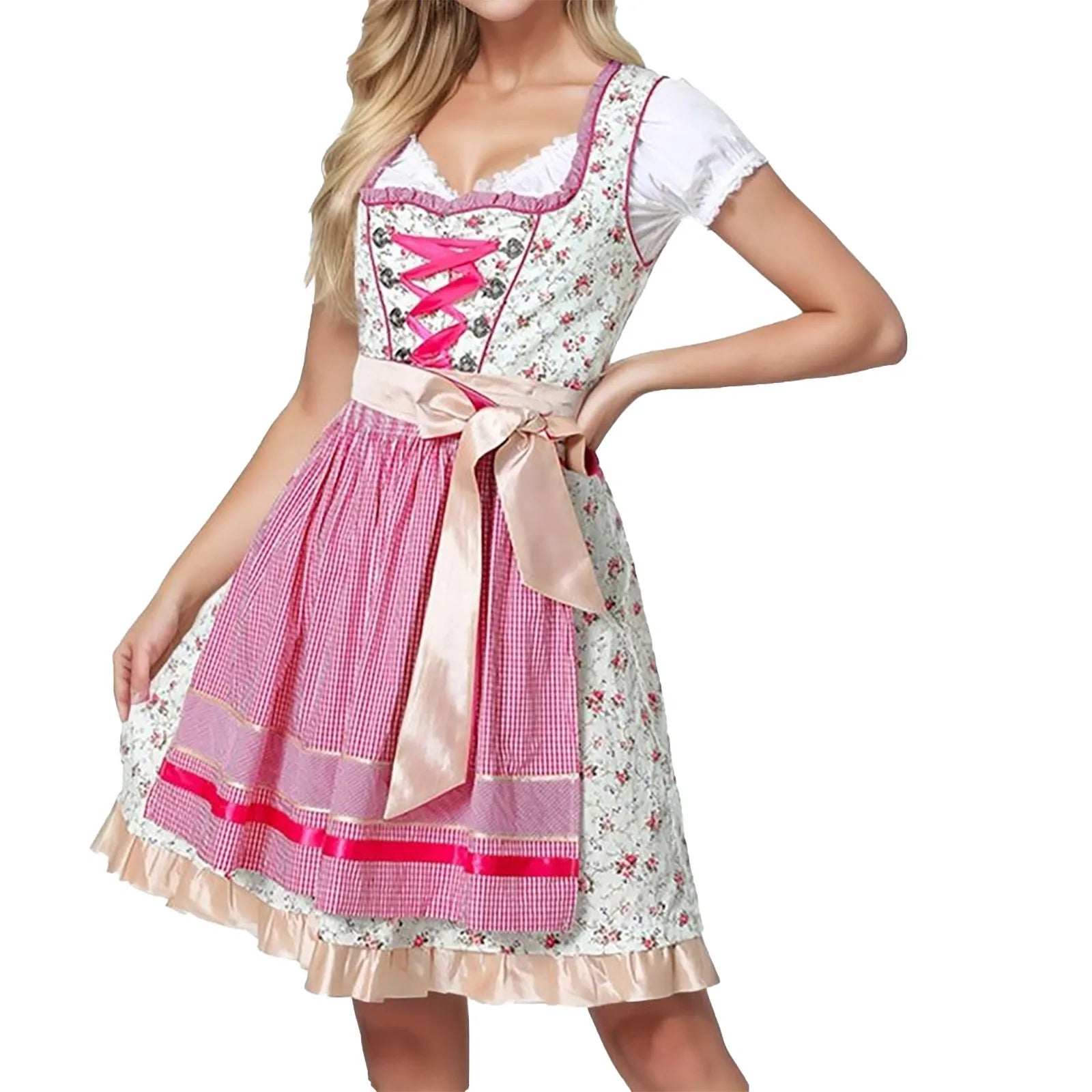 Abito tradizionale bavarese dirndl rosa e bianco con grembiule a quadretti, dettagli floreali e fiocco, moda Oktoberfest donna.