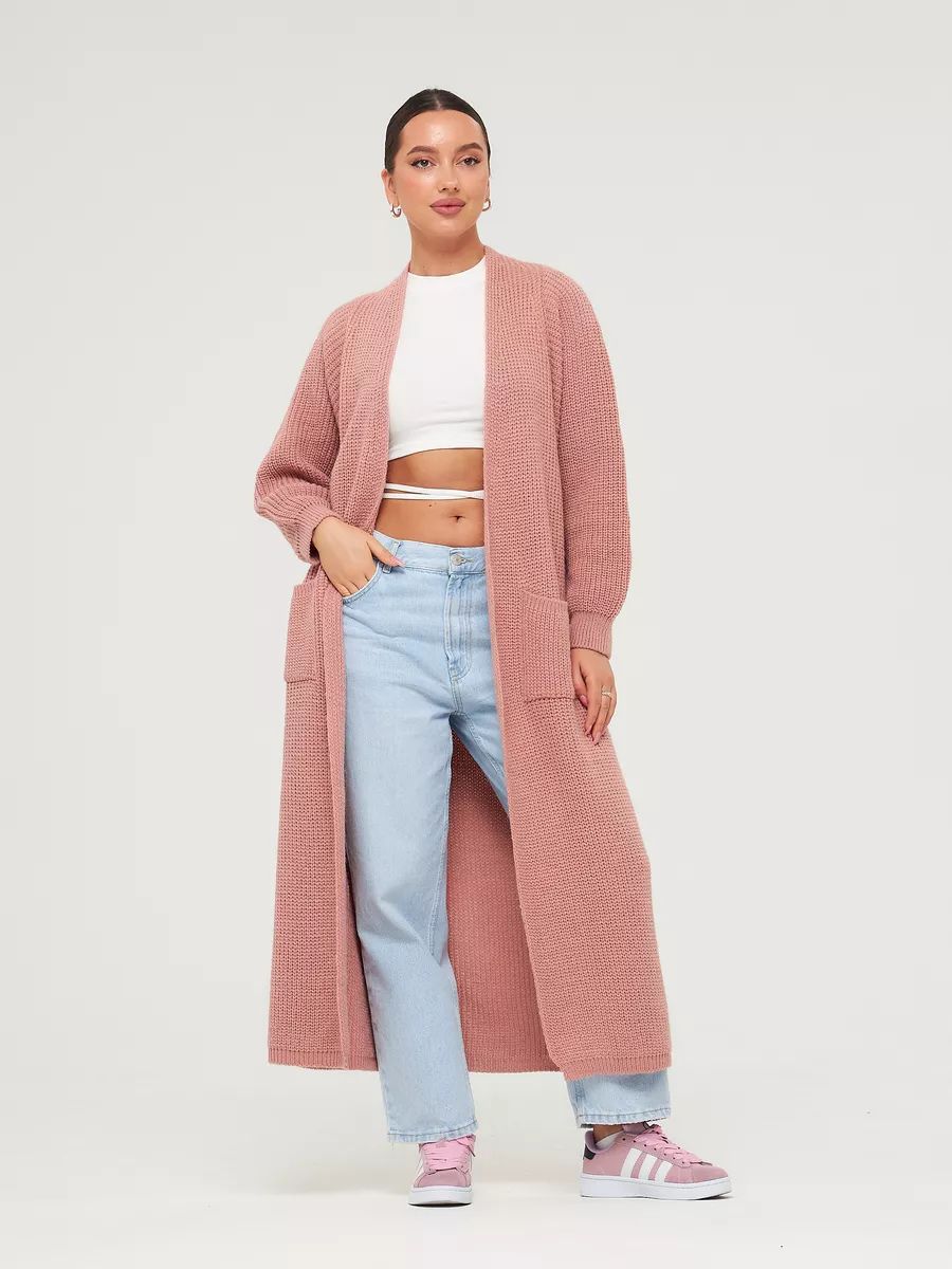 Cárdigan largo de mujer de punto con bolsillos y apertura frontal