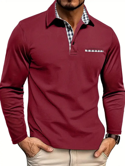 Maglia polo uomo bordeaux a maniche lunghe con colletto a quadri, taschino decorativo, stile casual elegante.