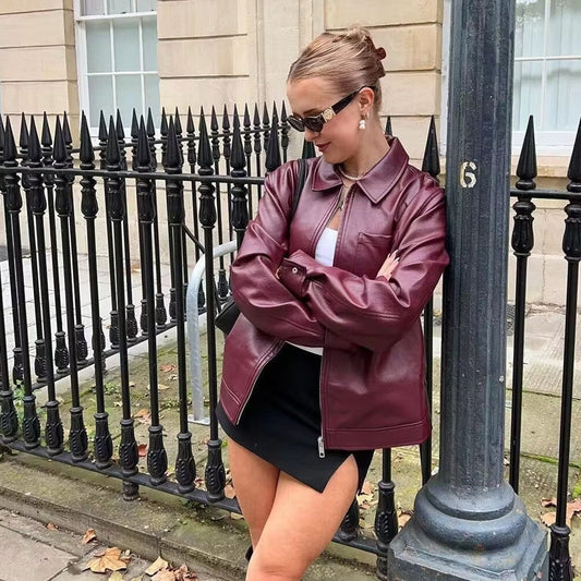 Giacca Donna Stile Biker con Colletto a Revers e Chiusura a Cerniera