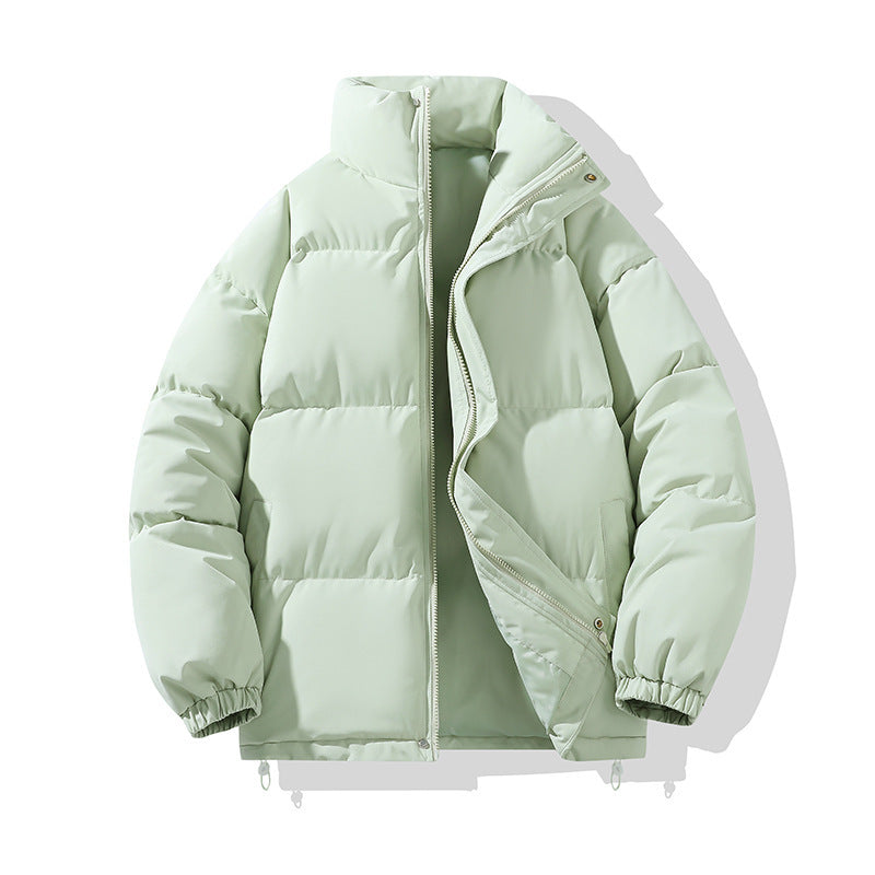 Giacca invernale imbottita verde chiaro, design trapuntato, chiusura con zip, colletto alto, ideale per moda inverno, abbigliamento caldo e casual.
