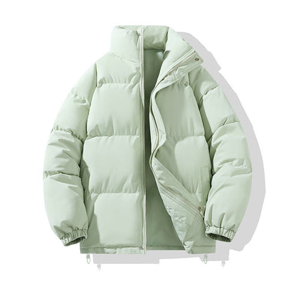 Giacca invernale imbottita verde chiaro, design trapuntato, chiusura con zip, colletto alto, ideale per moda inverno, abbigliamento caldo e casual.