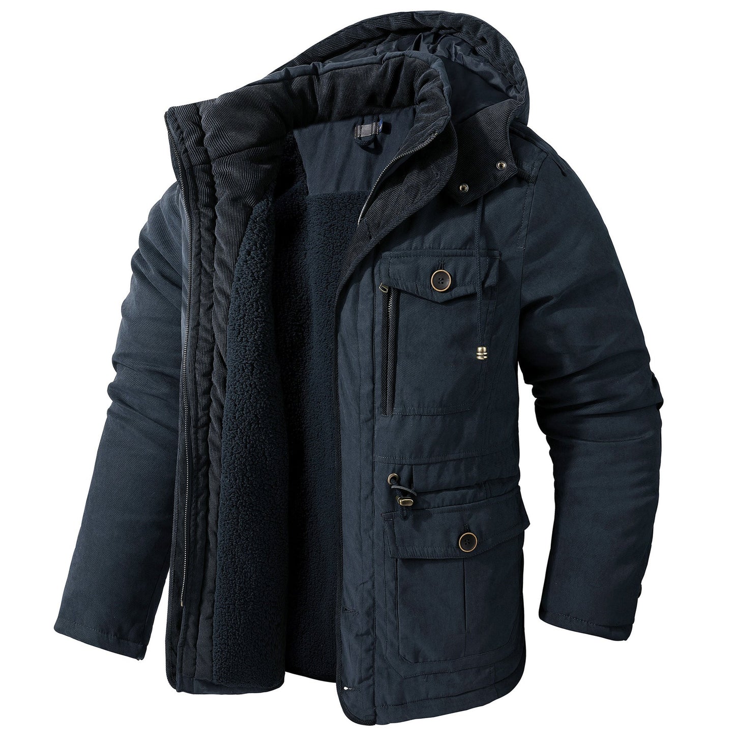 Giacca invernale blu scuro con cappuccio, tasche multiple e fodera interna in pile. Abbigliamento caldo e resistente per uomo.
