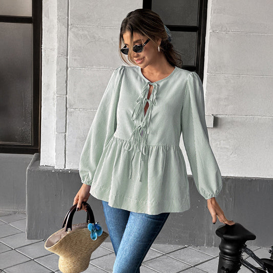 Camicia da Donna a Righe a Maniche Lunghe con Nodo Frontale e Maniche a Lanterna