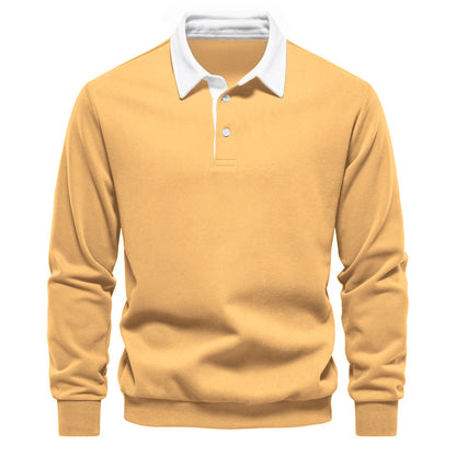 Maglione uomo giallo senape con colletto bianco, maniche lunghe, stile casual elegante. Perfetto per moda autunnale e invernale.