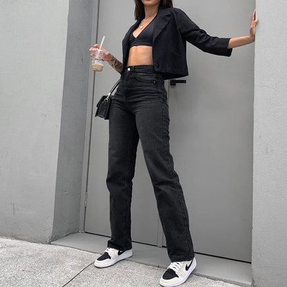 Jeans da Donna a Vita Alta a Gamba Dritta in Cotone Lavato Nero