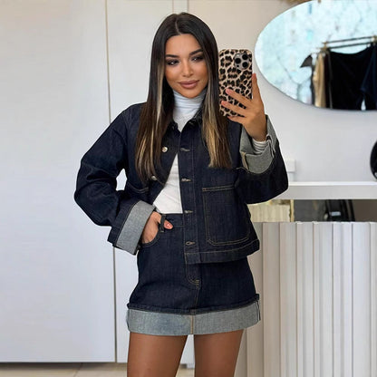 Giacca Corta Donna in Denim con Colletto Polo e Chiusura a Bottoni