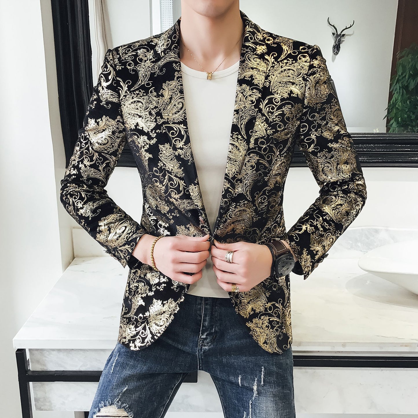 Abito Casual Uomo con Stampa Floreale e Fodera in Poliestere | Ideale per Primavera e Autunno