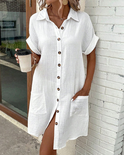 Abito Camicia Lunghezza al Ginocchio con Tasche e Dettaglio Fibbia | Ideale per Primavera ed Estate