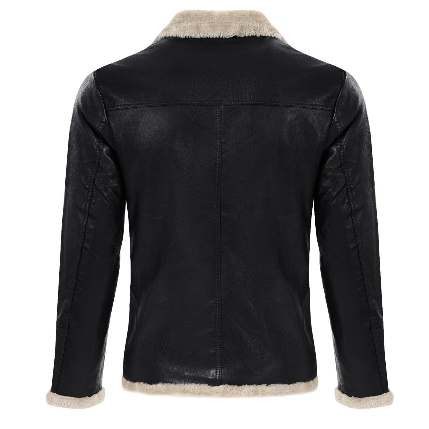 Giacca in pelle nera con colletto e polsini in pelliccia sintetica beige, vista posteriore. Elegante, moda uomo, abbigliamento invernale.