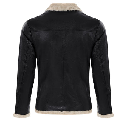 Giacca in pelle nera con colletto e polsini in pelliccia sintetica beige, vista posteriore. Elegante, moda uomo, abbigliamento invernale.