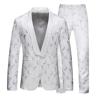 Abito da uomo elegante bianco con motivo a mezzaluna, giacca e pantaloni coordinati, ideale per cerimonie e matrimoni. Moda maschile formale.