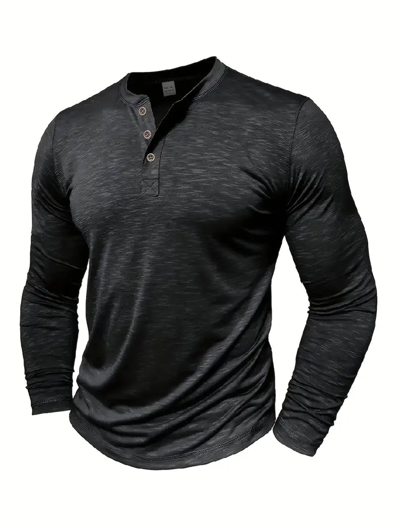 Maglia nera a maniche lunghe da uomo, stile casual, con scollo a V e bottoni. Tessuto leggero, ideale per moda autunnale e invernale.