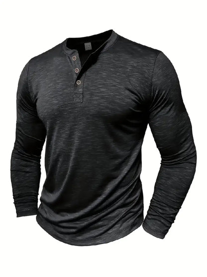 Maglia nera a maniche lunghe da uomo, stile casual, con scollo a V e bottoni. Tessuto leggero, ideale per moda autunnale e invernale.