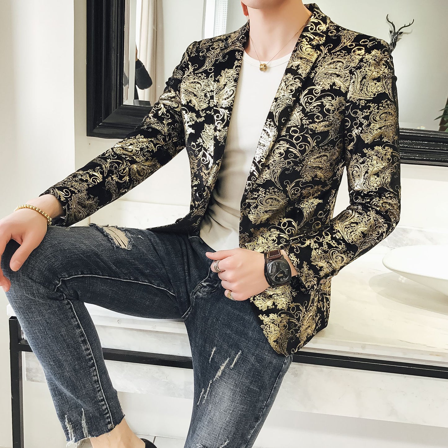 Abito Casual Uomo con Stampa Floreale e Fodera in Poliestere | Ideale per Primavera e Autunno