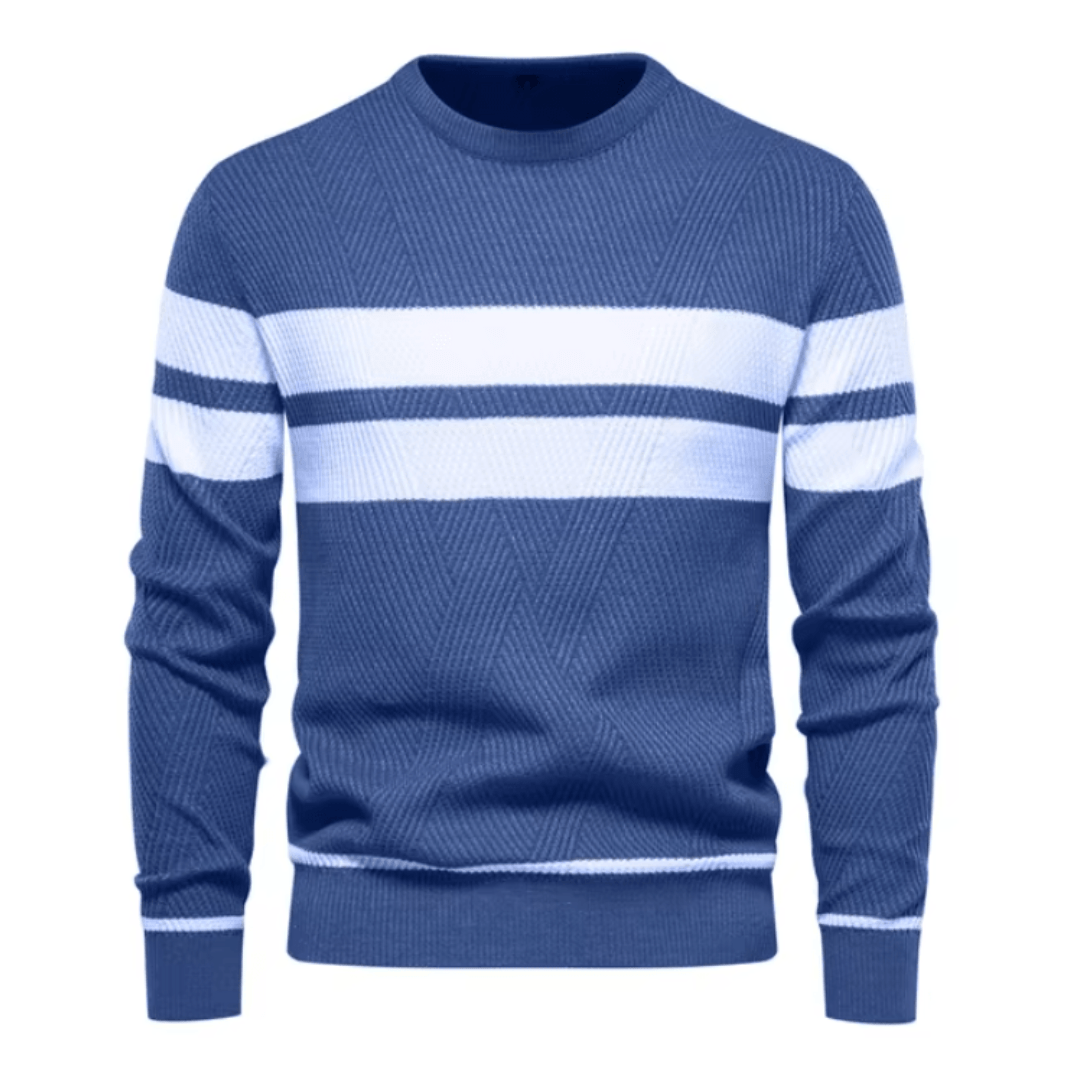 Maglione blu a righe bianche, design a girocollo, tessuto a maglia, ideale per moda uomo autunno inverno, stile casual elegante.