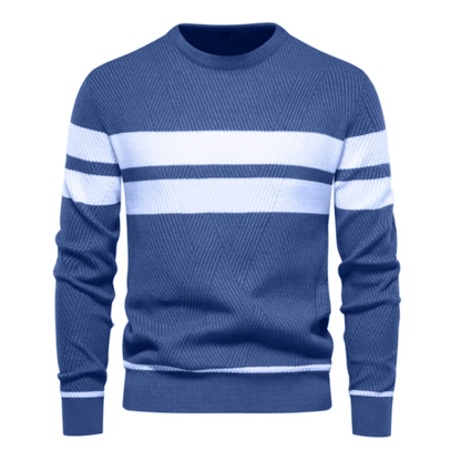 Maglione blu a righe bianche, design a girocollo, tessuto a maglia, ideale per moda uomo autunno inverno, stile casual elegante.