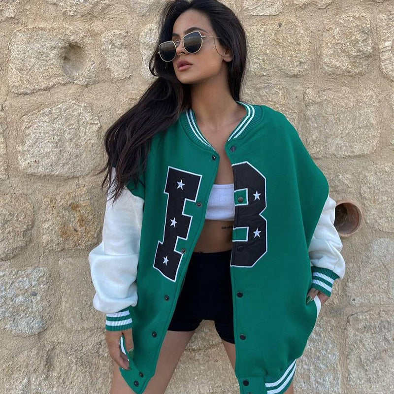 Chaqueta de mujer otoñal estilo béisbol con bordados y mangas largas