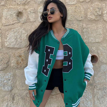 Chaqueta de mujer otoñal estilo béisbol con bordados y mangas largas