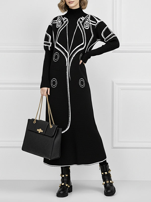 Abito Maglione Midi da Donna Autunnale con Mezza Alta Collare e Stampa
