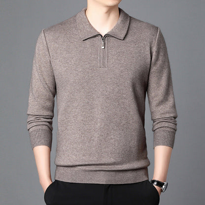 Maglione uomo grigio con zip, maniche lunghe, colletto polo, stile casual elegante, perfetto per autunno e inverno.