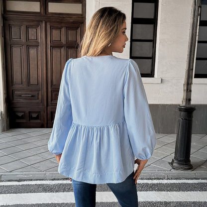 Camisa de mujer de rayas con mangas largas, nudo frontal y mangas farol