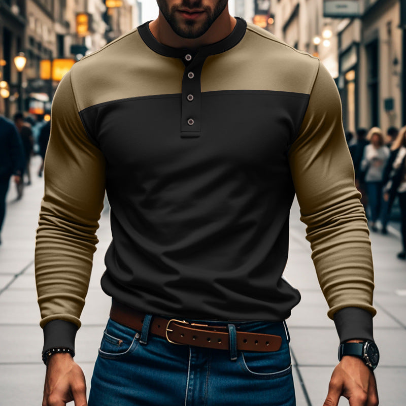 Maglia Henley da Uomo a Maniche Lunghe con Design a Blocchi di Colore