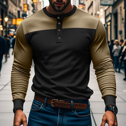 Maglia Henley da Uomo a Maniche Lunghe con Design a Blocchi di Colore