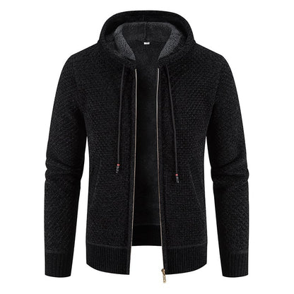 Felpa nera con cappuccio, zip frontale, tessuto lavorato a maglia, design casual, moda uomo, abbigliamento autunnale, stile moderno.