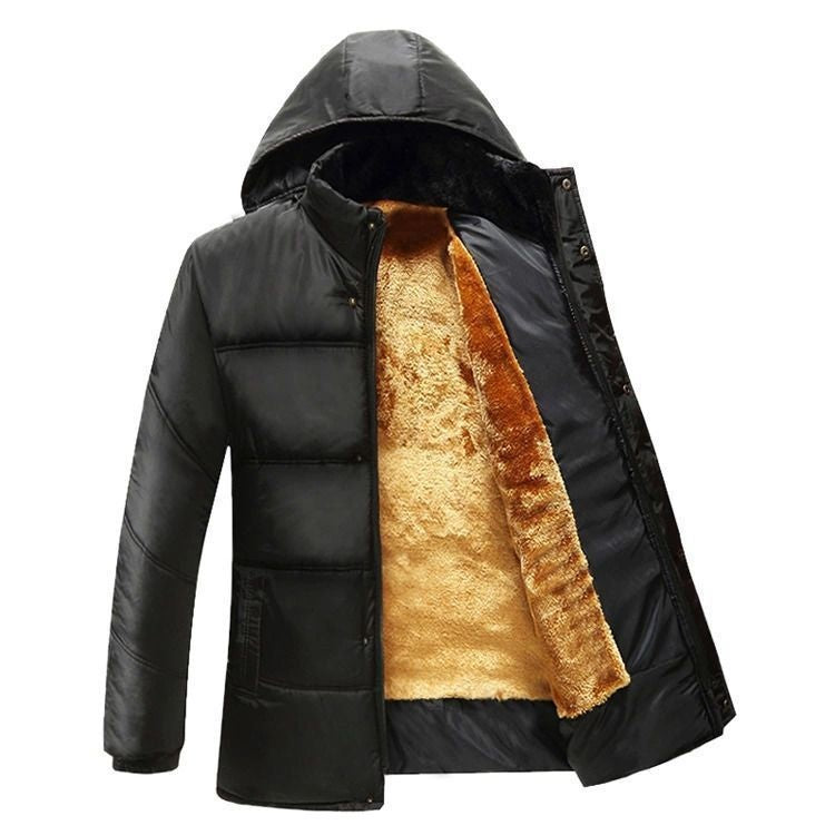 Giacca invernale nera con cappuccio, imbottitura interna in pelliccia sintetica marrone, design elegante e caldo, ideale per climi freddi.