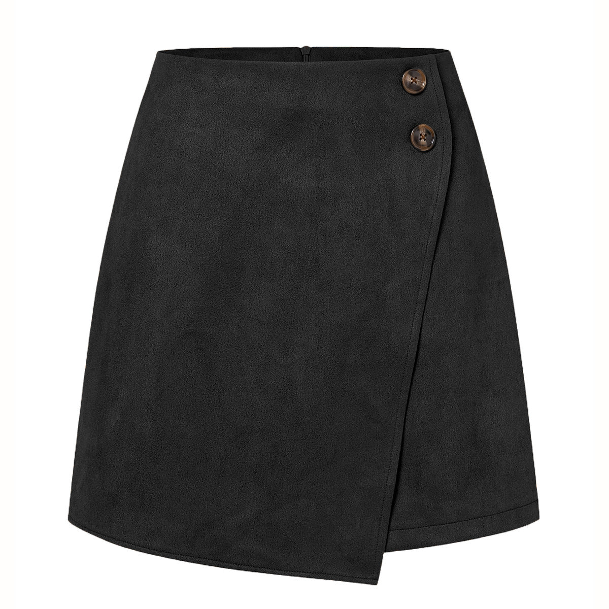 Gonna corta nera in tessuto scamosciato con design a portafoglio e due bottoni decorativi. Elegante e moderna, perfetta per look autunnali.