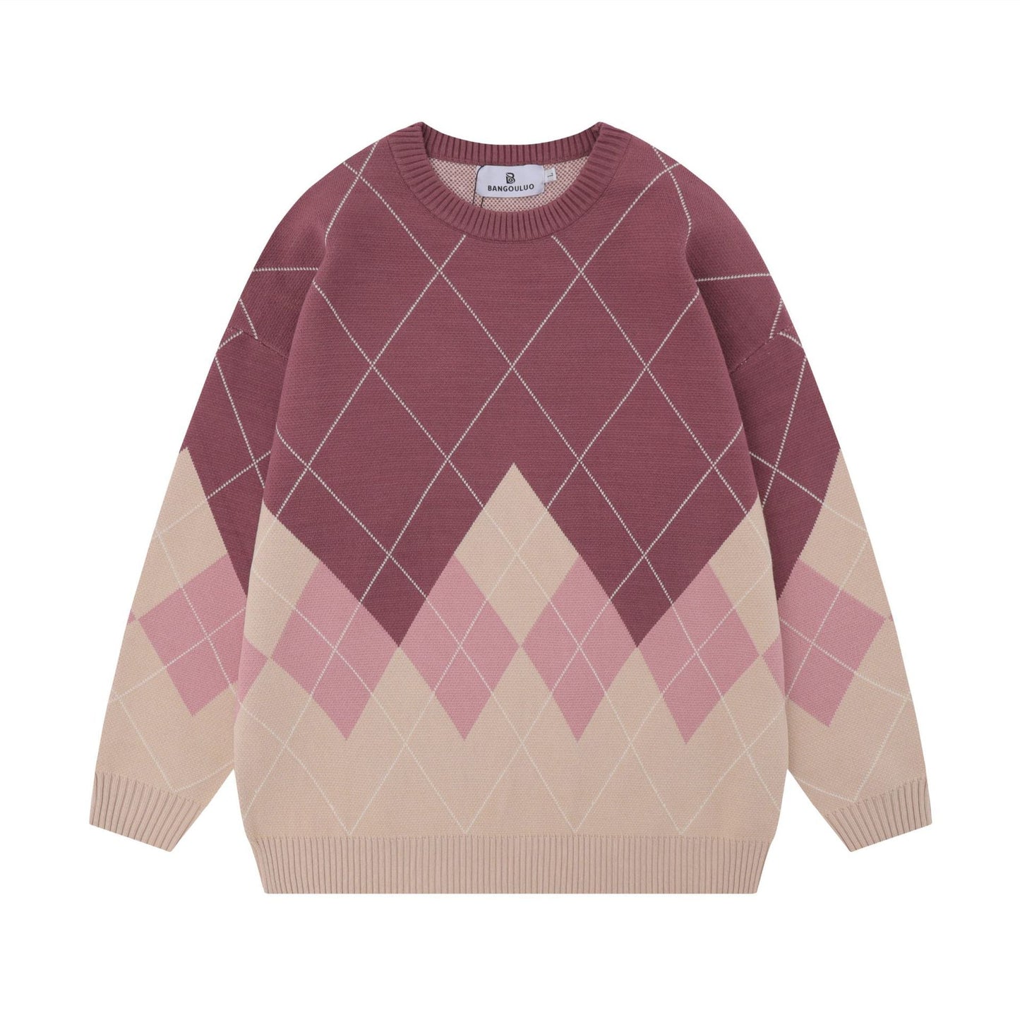 Maglione da Donna Pullover con Motivo a Rombi e Scollo Tondo