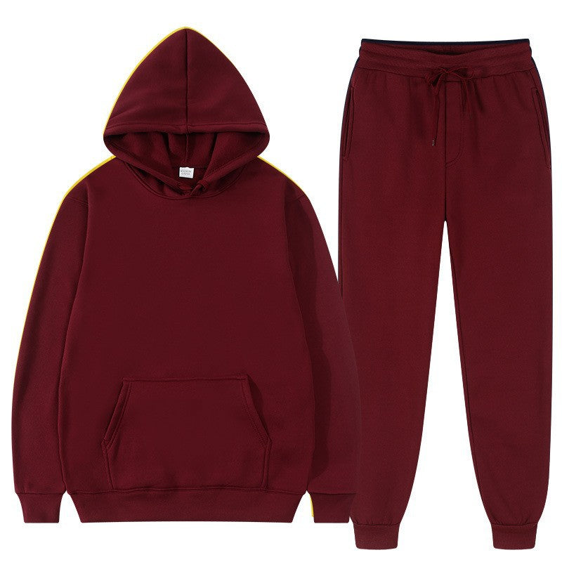 Tuta sportiva bordeaux con felpa con cappuccio e pantaloni, abbigliamento casual unisex, moda autunno inverno, tessuto morbido e confortevole.