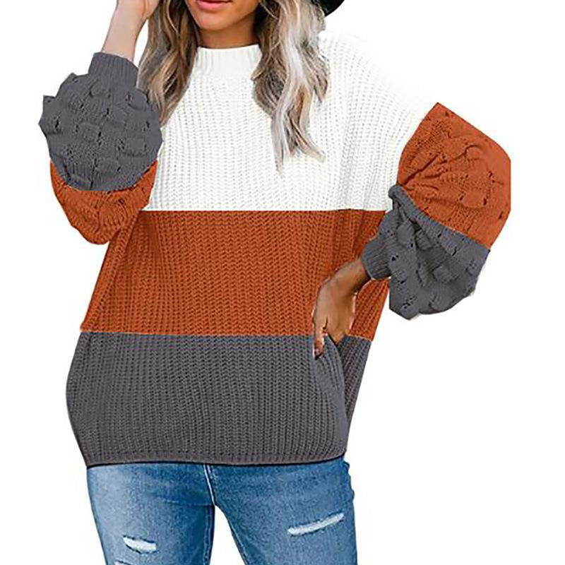 Maglione Pullover da Donna in Maglia Morbida con Scollo Rotondo e Maniche a Sbuffo