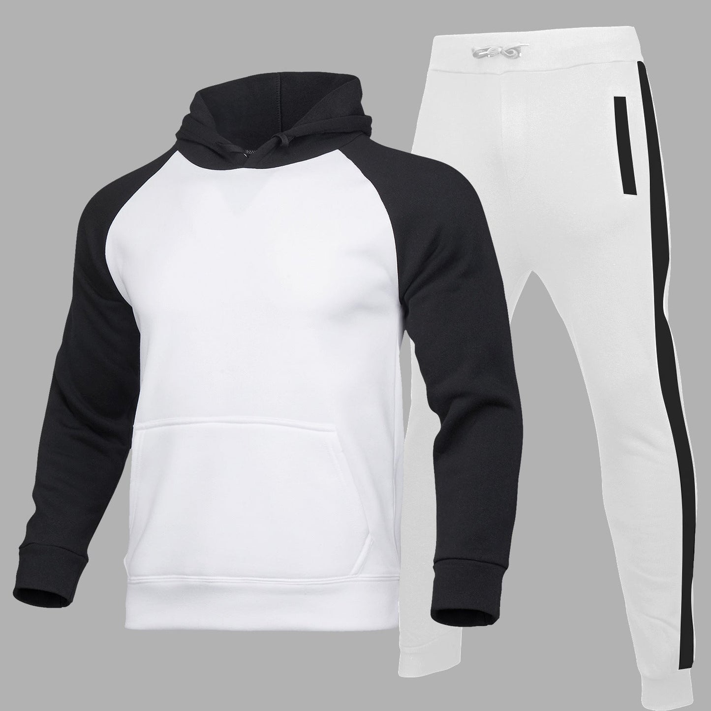 Tuta sportiva uomo bianca e nera, felpa con cappuccio e pantaloni con tasche, design moderno, abbigliamento casual, moda streetwear.