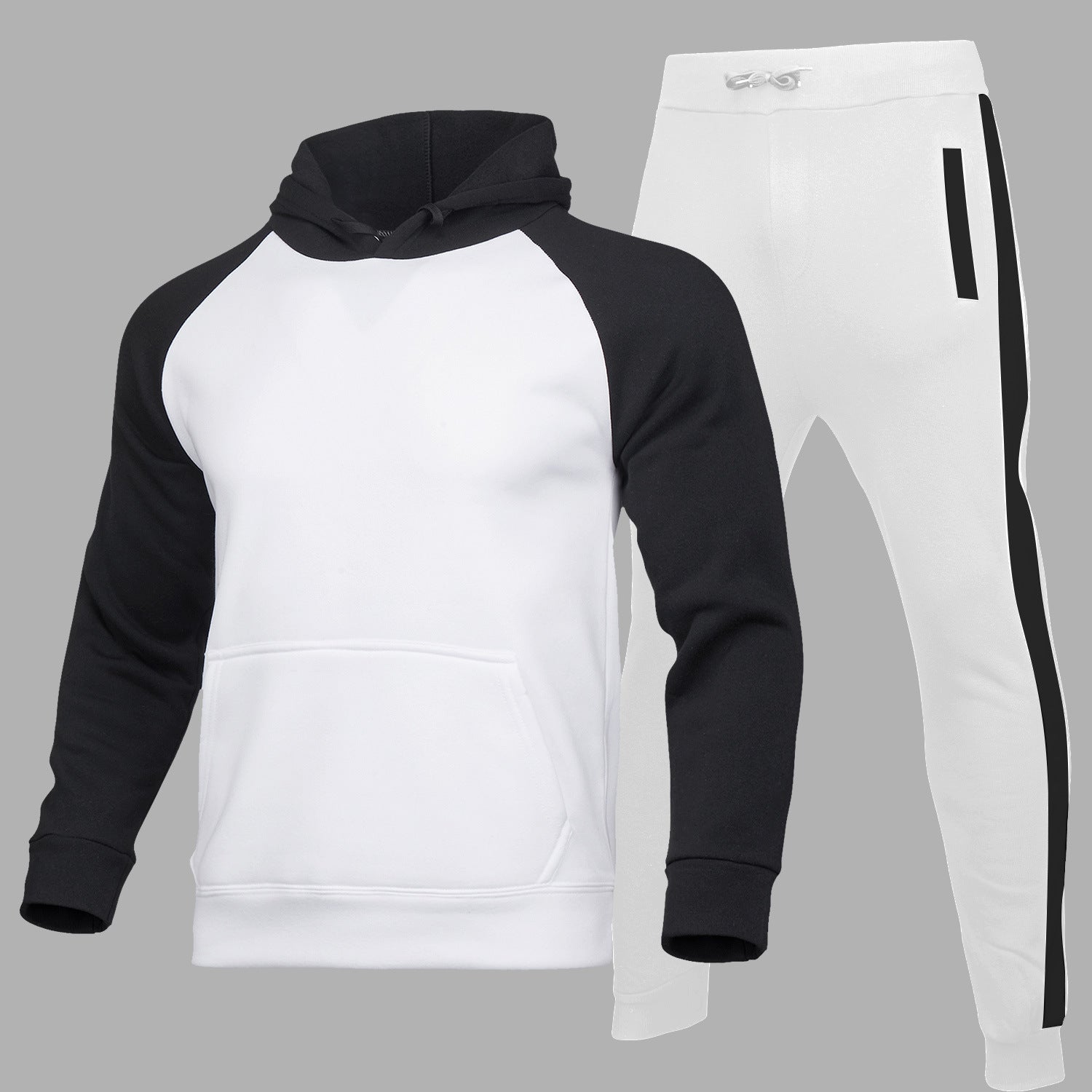 Tuta sportiva uomo bianca e nera, felpa con cappuccio e pantaloni con tasche, design moderno, abbigliamento casual, moda streetwear.
