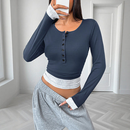 Top til kvinder med lange ærmer, slim fit, rund halsudskæring og falsk todelt design